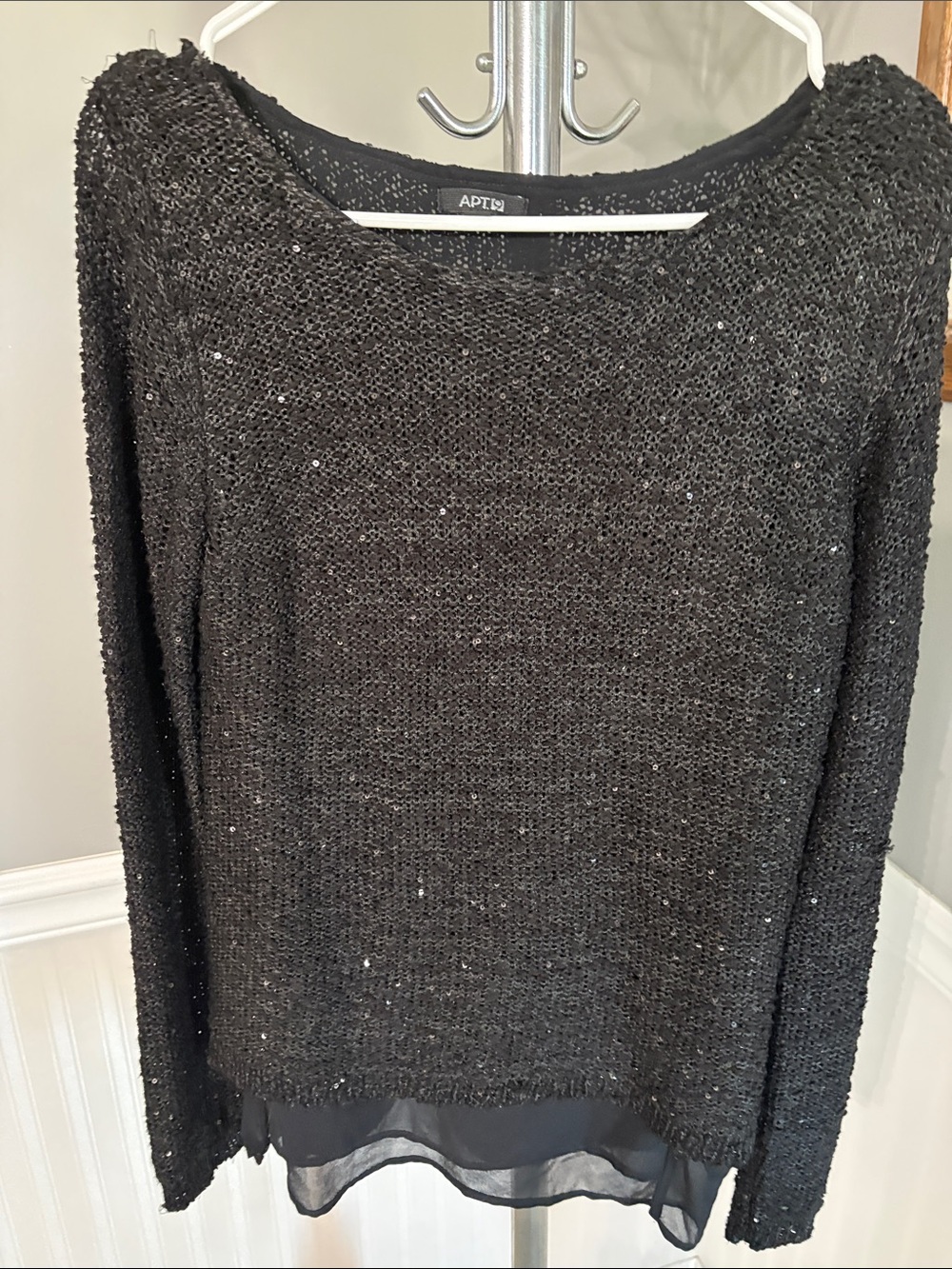 Apt. 9 Black Sequin Knit Scoop Neck Sweater with Chiffon Hem